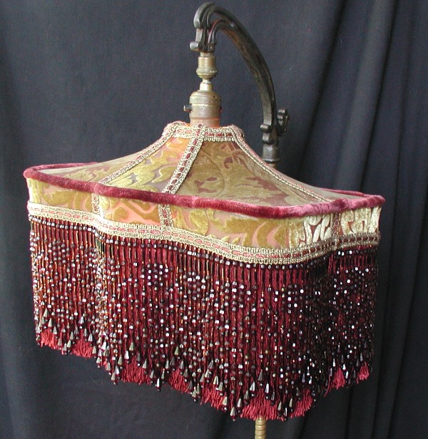 VINTAGE VICTORIAN LAMP SHADE RED GOLD CHENILLE FABRIC W// SILK STUNNING SHADE